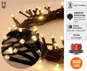 ANSIO Luci natalizie per interni e esterno 500 LED albero luci bianco caldo, 8 modalità con memoria e funzione timer, alimentate, trasformatore incluso 12,5 m Lunghezza illuminata- CAVO VERDE