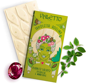 VIALETTO Adelina | Cioccolato Bianco Salato con Pistacchi e Mandorle| Tavoletta da 90 grammi