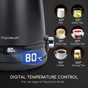 Aigostar Loki - Bollitore Elettrico Temperatura Regolabile 40-100 ℃, Bollitore in Acciaio Inox con Display Digitale LED, 1,7 Litri 2200W, Funzione di Mantenimento Caldo, Senza BPA, Nero