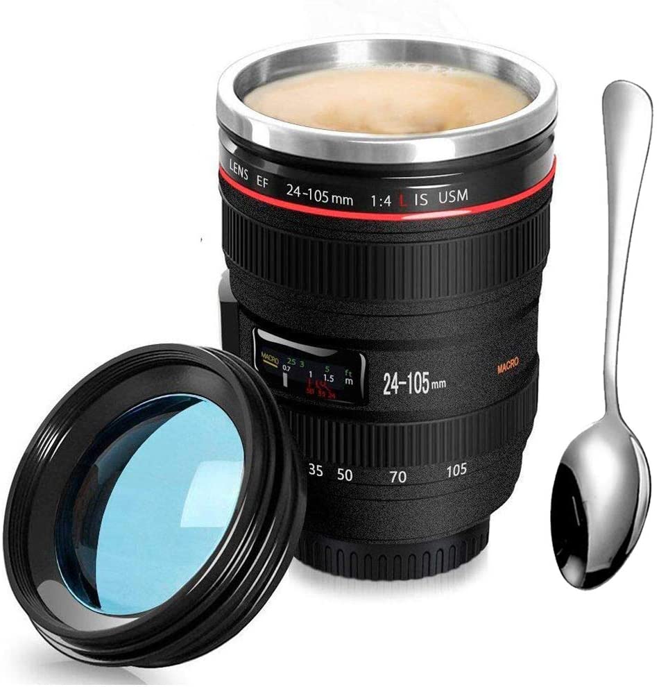 Obiettivo della fotocamera Tazze di caffè in acciaio inox Thermos Fodera del coperchio Tazza di caffè Tazza 400 ML Tazza Tumbler Bottiglia di acqua del tè Tazza Grande regalo per l'amico