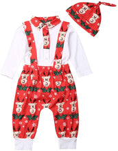 Carica l'immagine nel visualizzatore di Gallery, Loalirando Natale 3 Pezzi Completini Pagliaccetto Neonato Invernale a Manica Lunga+ Pantaloni con Bretelle +Cappello di Natale Divertente