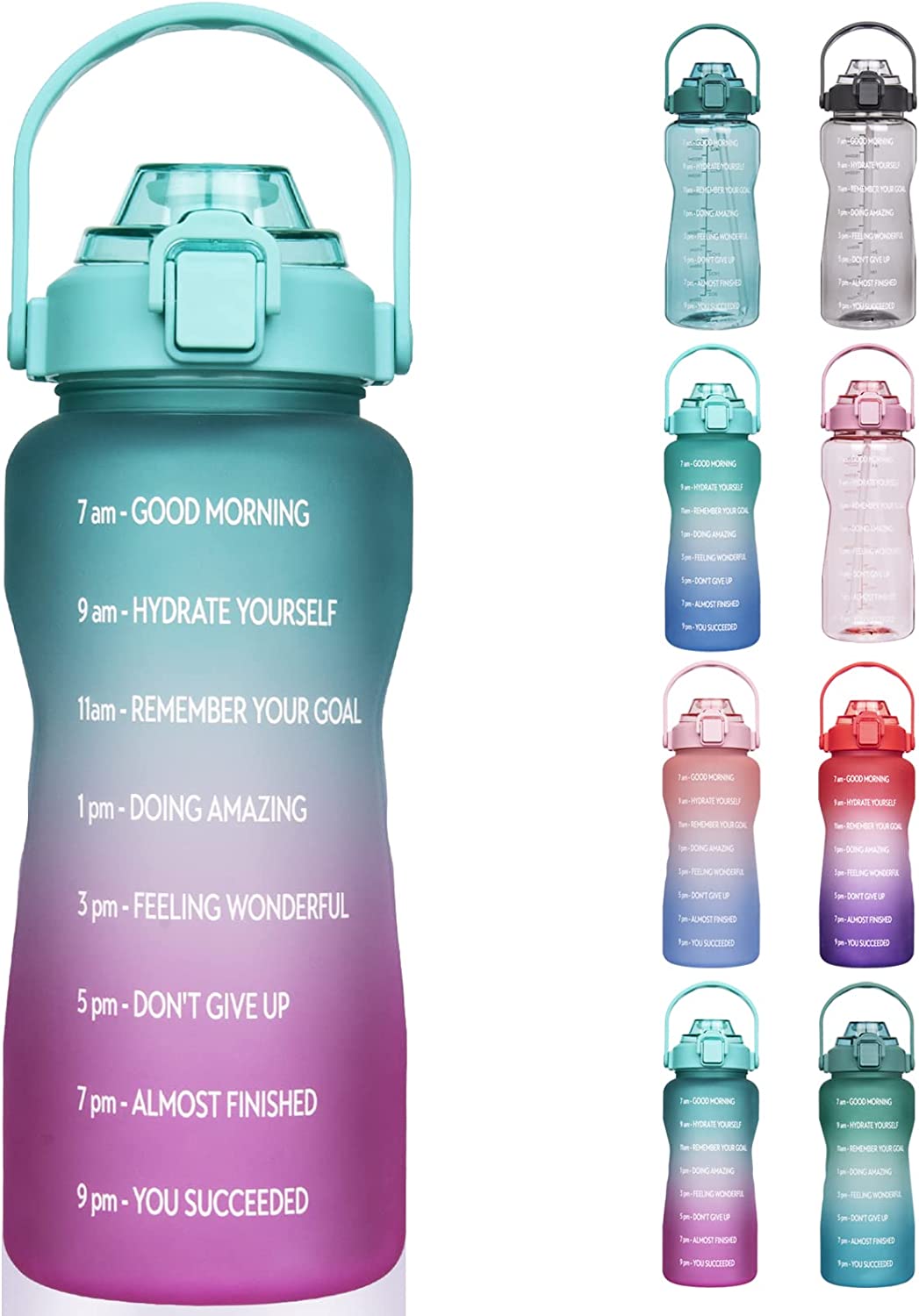 VIHACI Set 3 Bottiglie Acqua Motivazionali Da Palestra - 2L, 1L E 300ml, Senza BPA, Con Cannuccia E Spazzole Pulizia, Borracce Sportive Riutilizzabili