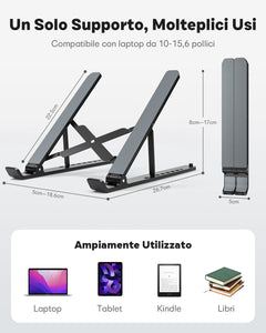 APMIEK Supporto PC Portatile 8 Livelli Regolabile, Laptop Stand Pieghevole Plastica+Alluminio Rialzo PC Portatile Stabile Ventilato Supporto Notebook per MacBook Air/Pro,Dell,HP, 10-15.6 Pollici