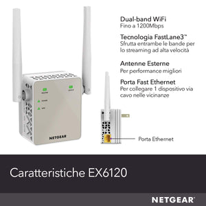 Netgear EX6120 Ripetitore WiFi AC1200, Extender e 1200 Mbps, Bianco