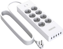 Carica l&#39;immagine nel visualizzatore di Gallery, Ciabatta Multipresa, NTONPOWER 8 Schuko con 1700 Joule Protezione da Sovratensioni e 5 Porte USB, 4000W/16A, 3 Metri Lunga Cavo - Bianco