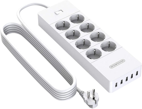 Ciabatta Multipresa, NTONPOWER 8 Schuko con 1700 Joule Protezione da Sovratensioni e 5 Porte USB, 4000W/16A, 3 Metri Lunga Cavo - Bianco