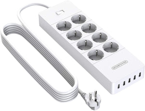 Ciabatta Multipresa, NTONPOWER 8 Schuko con 1700 Joule Protezione da Sovratensioni e 5 Porte USB, 4000W/16A, 3 Metri Lunga Cavo - Bianco