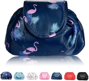 Borsa per il trucco con coulisse pigra Borsa per cosmetici da viaggio grande Portatile Borsa per cosmetici da viaggio Custodia per il trucco da viaggio per donna Ragazza (Fenicottero blu scuro) Dark Blue Flamingo