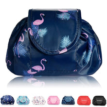 Carica l&#39;immagine nel visualizzatore di Gallery, Borsa per il trucco con coulisse pigra Borsa per cosmetici da viaggio grande Portatile Borsa per cosmetici da viaggio Custodia per il trucco da viaggio per donna Ragazza (Fenicottero blu scuro) Dark Blue Flamingo