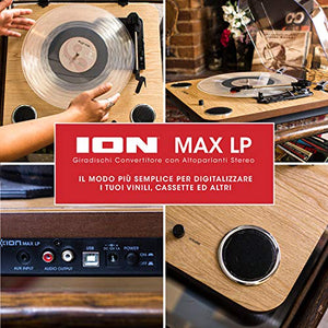 ION Audio Max LP - Giradischi Vinili a tre velocità con Casse, Legno Chiaro