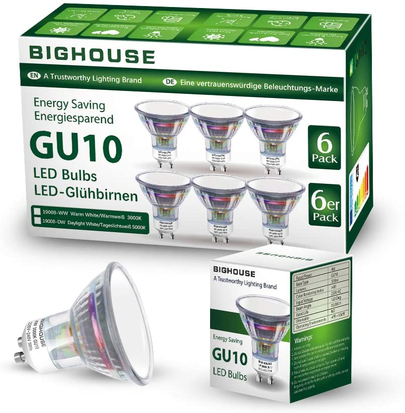 Lampadina LED GU10, 4Watt Pari ad alogene da 50Watt, 320LM, Luce Bianca Calda 3000K, Angolo del Fascio di 120 Gradi, Spot Lampadina LED Classic Faretto(6 pezzi)