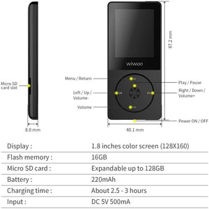 Lettore MP3 16GB, MP3 Music Player Portatile con Radio FM Registratore per Correre,Audio PlayerDigitale Lossless con Cuffie Espandibile fino a 128 GB Nero E8-Black