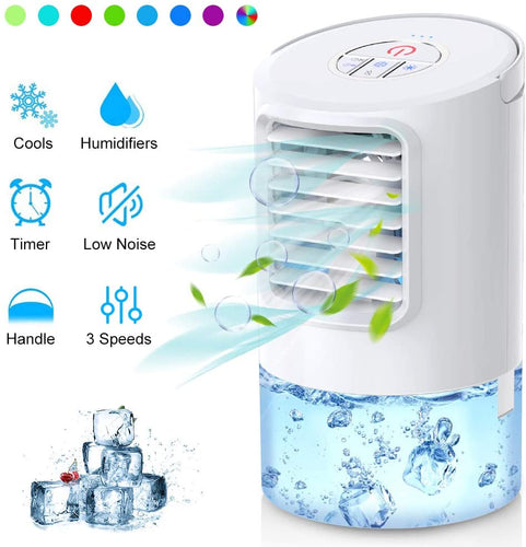 Mini Raffreddatore D'aria, Air Cooler Personale Condizionatori Ventilatore 3 IN 1 Evaporativo Umidificatore Purificatore D'aria Air Cooler 3 Velocità Basso Rumore 7 Colori Luce 2/4H Timer-Duomishu