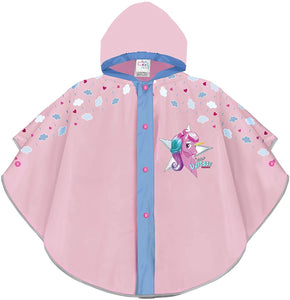 PERLETTI Mantellina Pioggia Bambina Unicorno Rosa - Poncho Antipioggia Baby Unicorn con Cappuccio e Bottoni - Kway Bimba per Bambine con Nuvolette - Impermeabile Taglia 3 4 5 6 Anni Rosa 3-6 anni