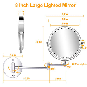 Amelar 8 Pollici Specchio Trucco con da Parete, Luci a 3 Colori Luminosità Regolabile Ricaricabile Tramite USB, Ingrandimento 1X/10X Rotazione a 360° Bifacciale Specchio Bagno, per Bagno e Hotel