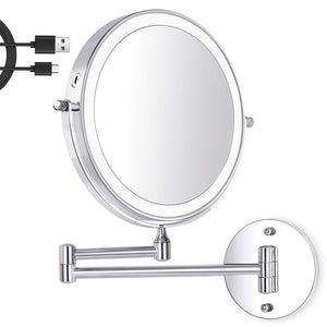 Amelar 8 Pollici Specchio Trucco con da Parete, Luci a 3 Colori Luminosità Regolabile Ricaricabile Tramite USB, Ingrandimento 1X/10X Rotazione a 360° Bifacciale Specchio Bagno, per Bagno e Hotel