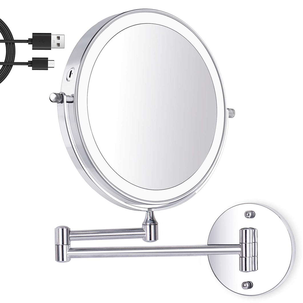 Amelar 8 Pollici Specchio Trucco con da Parete, Luci a 3 Colori Luminosità Regolabile Ricaricabile Tramite USB, Ingrandimento 1X/10X Rotazione a 360° Bifacciale Specchio Bagno, per Bagno e Hotel
