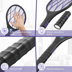 YISSVIC Racchetta Zanzare Elettrica, 1200 mAh Ricarica USB, 3800 Volt con Torcia Rimovibile, Illuminazione a LED, Protezione Maglia a Doppio Strato, Adatto per Casa Giardino Campeggio BBQ Picnic