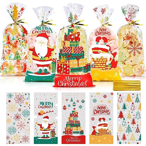100 Sacchetti Per Biscotti Di Natale In Plastica Trasparente Con 100 Chiusure - Motivi Pupazzo Di Neve, Babbo Natale, Renna