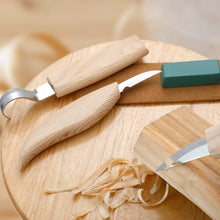 Carica l&#39;immagine nel visualizzatore di Gallery, EXTSUD Kit Strumenti Scalpelli per Legno 5 in 1 Coltelli Intaglio Legno in Acciaio Inox Attrezzi Incisione Set Utensili per Lavorare Legno Artigianato con 3 Coltelli Cera d&#39;Olio Affilacoltelli