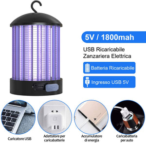 QcoQce Zanzariera Elettrica USB Ricaricabile, IP66 Impermeabile UV Lampada Antizanzare, 3W Trappola Zanzare con 1800mAh, 3 Luminosit¨¤ di LED Luce per Casa Ufficio Patio Cucina (BK006-B)