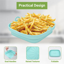 Carica l'immagine nel visualizzatore di Gallery, Alyvisun 2 Pezzi Silicone per Air Fryer Teglie Accessori per Friggitrice ad Aria Contenitori Cestello Riutilizzabile Quadrato Tappetino Stampi per Airfryer, Microonde, Forno (Blu+Grigio)