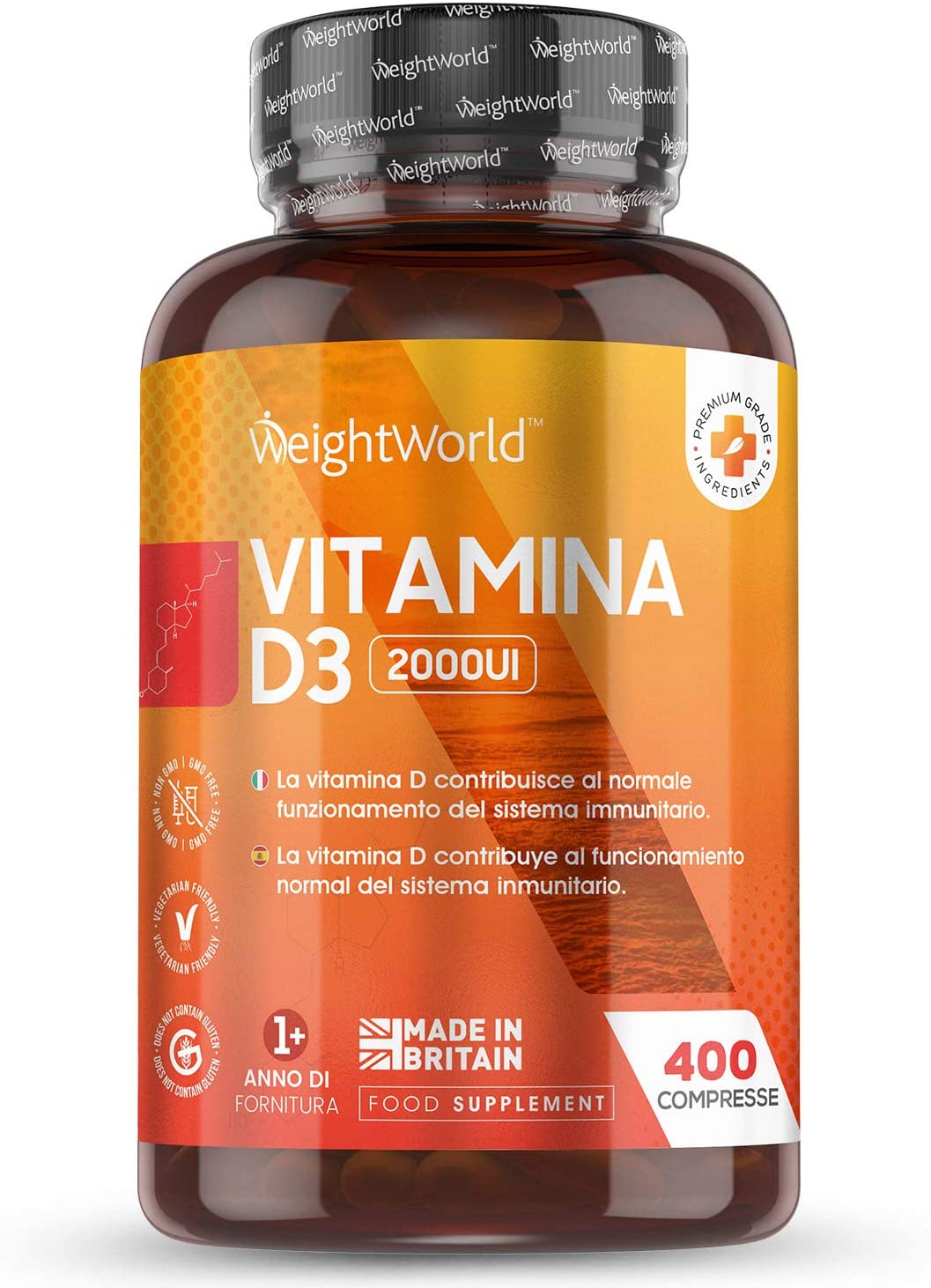 VITAMINA D3 - Vit D3 ad Alto Dosaggio 2000ui - 400 Compresse Vegetali (Più di un Anno di Fornitura) - Contribuisce al Normale Funzionamento del Sistema Immunitario - Per Vegetariani - WeightWorld