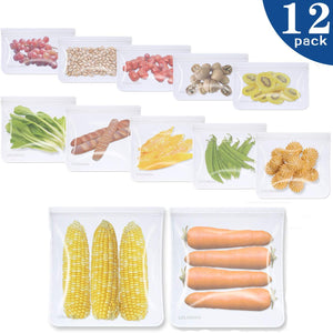 Sacchetti Alimenti Riutilizzabili 12 Pezzi Ziplock Sacchetti Portaoggetti (2 per Frutta/5 per Tramezzini/5 per Snack) Sacchetti per Freezer Extra Spessi per Conservare a Tenuta, Senza BPA