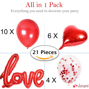 Kit Romantico, Love XXL Rosso, 6 Palloncini a Forma di Cuore Rossi, Set - Ilgrandebazar