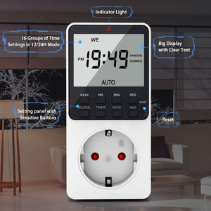RATEL Presa Temporizzata,Presa Programmabile Digitale,Spina Timer elettronico digitale programmabile con strumento di reset e 2 funzioni di conto alla rovescia display LCD e modalità casuale antifurto