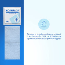 Carica l&#39;immagine nel visualizzatore di Gallery, AIESI® Tamponi salviette disinfettanti a base di alcool isopropilico 70% dimensioni 65x30 mm confezionati singolarmente HOSPIPADS (Confezione da 200 pezzi)