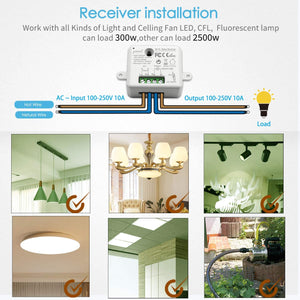Paio Interruttore per Luce Senza Fili, LoraTap 3pz Interruttori Remoto con 2 Ricevitori a Relè 2500W, Telecomando 200m 230V, On/Off Wireless Switch per Lampade e Apparecchi Elettrici