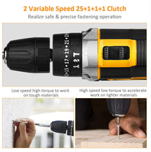 Carica l'immagine nel visualizzatore di Gallery, Avvitatore Batteria 12V/3A,JayLene trapano avvitatore con Trapano a Percussione modalità operativa,2x1500 mAh Batterie，Luce dà lavoro a LED，59 Accessori Inclusi per DIY Pareti in Legno di Cemento