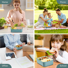 Carica l&#39;immagine nel visualizzatore di Gallery, Diboniur Lunch Box, Porta Pranzo con Posate, 1400ml Bambino Adulto Bento Box con 3 Scomparti, Schiscetta Contenitore Pranzo per Microonde Lavoro Picnic Ufficio (Blu)