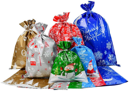 30 sacchetti regalo di Natale, sacchetti regalo in stagnola, 6 diversi motivi, sacchetti regalo di Natale con 30 nastri per regali di Natale