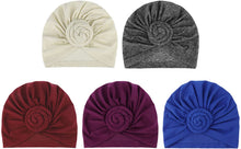 Carica l'immagine nel visualizzatore di Gallery, DRESHOW 5 Pezzi Donne Africana Turbante Sciarpa Avvolge Testa Boho Turbante Elastico Annodato Berretto Pre-annodato Berretto Chemio Cappello 5 Pack Donuts: Hemp Ash, White, Royal Blue, Purple, Wine
