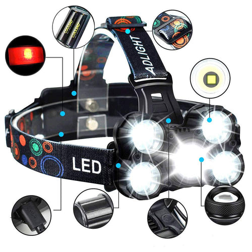 COOLEAD Torcia Frontale Zoomable 4 Modalità 5 LED Ricaricabile Black - Ilgrandebazar