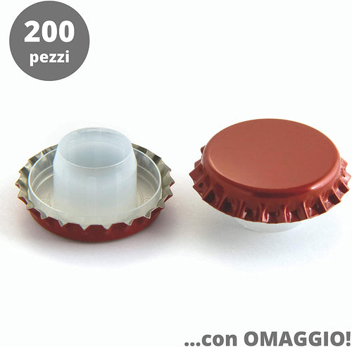 200pz. Tappi corona con bidul Medusa Ø 29 mm. BREVETTO ANTIRUGGINE adatti all'imbottigliamento di vino fermo, frizzante e spumante + Omaggio 2 tappi fungo per richiudere le bottiglie (Rosso)