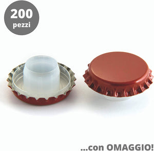 200pz. Tappi corona con bidul Medusa Ø 29 mm. BREVETTO ANTIRUGGINE adatti all'imbottigliamento di vino fermo, frizzante e spumante + Omaggio 2 tappi fungo per richiudere le bottiglie (Rosso)