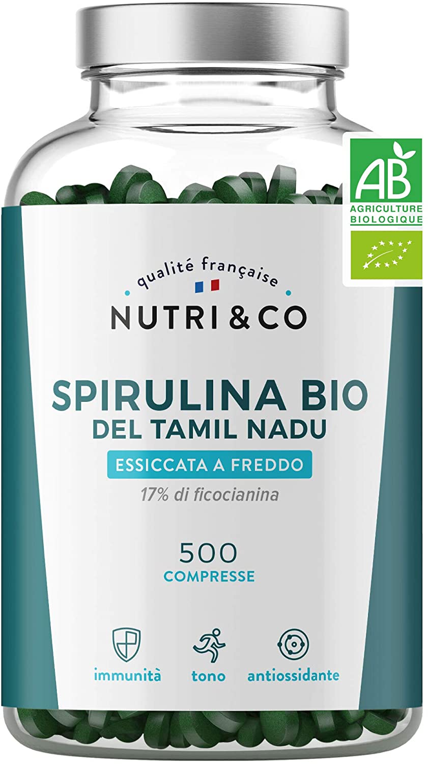 Spirulina Biologica | 500 Compresse Bio da 500 mg Pure Senza Eccipienti | 15 a 19% di Ficocianina | Polvere Essiccata e Compressa a Freddo | Analizzata e Confezionata in Francia da Nutri&Co