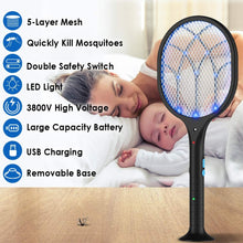 Carica l'immagine nel visualizzatore di Gallery, Racchetta Zanzare Elettrica Ricaricabile 2 in 1, 3800V Swatter Insetti Elettrico 5 Strati Protezione Maglia, 3 LED Trappola per Zanzare, con Manico Staccabile per Uso Esterno Interno Nero