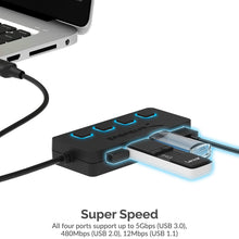 Carica l&#39;immagine nel visualizzatore di Gallery, Sabrent a 4 porte Hub USB 3.0 con interruttori di alimentazione 3.0, Nero
