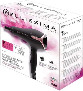 Imetec Bellissima Asciugacapelli K9 2300 Asciuga e Mantiene Idratati i Capelli senza Effetto Crespo, 2300 W, Tecnologia a Ioni, 8 Combinazioni Flusso d'Aria Temperatura, Diffusore Incluso