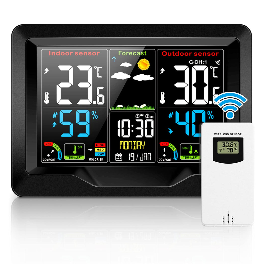 zerotop Stazione Meteo Automatica Digitale Wireless Meteorologica con Ampio Schermo LCD Display Sveglia Tempo Data Temperatura umidità Previsioni di Tempo con Sensore Esterno Wireless