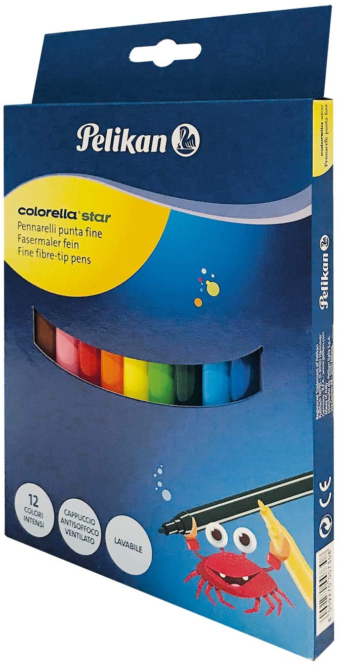 Pelikan 000730 - Set Pennarelli Lavabili, Colorella Star, Kit Scuola 12 Colori, Punta Fine, Tappo Antisoffocamento, Fusto in Plastica Atossica, Made in Italy