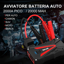 Carica l'immagine nel visualizzatore di Gallery, BuTure Booster Avviamento Auto 2000A 20000mAh, Avviatore Emergenza per Auto/Moto (Motori Fino a 7,0L Benzina/6,0L Diesel), Avviatore Batteria Auto con Torcia LED, Porta USB da per Smartphone
