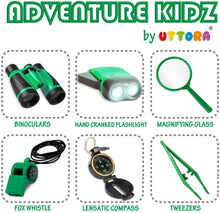 Carica l'immagine nel visualizzatore di Gallery, UTTORA Set di Binocolo per Bambini, 7 in 1 Giocattoli per Avventurose Esplorazioni della Natura, Binocolo, Torcia a LED Portatile, Bussola, Lente d'Ingrandimento, Fischietto, Zaino da Collezione