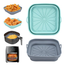 Carica l'immagine nel visualizzatore di Gallery, Alyvisun 2 Pezzi Silicone per Air Fryer Teglie Accessori per Friggitrice ad Aria Contenitori Cestello Riutilizzabile Quadrato Tappetino Stampi per Airfryer, Microonde, Forno (Blu+Grigio)