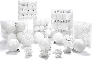 Brubaker Set di 101 Accessori Decorativi per L'Albero di Natale - addobbi Natalizie in Color Bianco - Diverse Forme di Palline ed Un Puntale per Albero di Natale