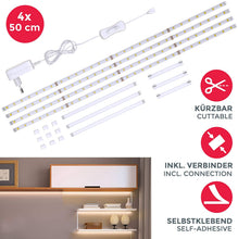 Carica l'immagine nel visualizzatore di Gallery, Striscia LED 2m, set di 4 pezzi da 50cm, Luce bianca naturale 4000k, Include connettori, interruttore e spina europea, uso interno, Accorciabili, Adesive, per soggiorno cucina camera da letto, IP20